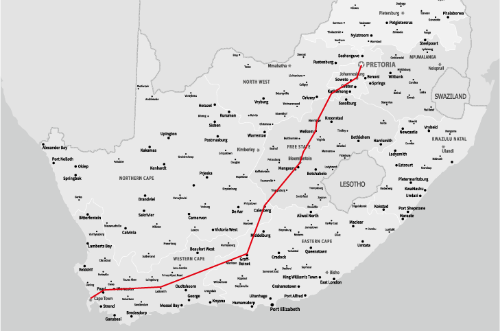 The Bigg Pull route map, Pretoria to Cape Town